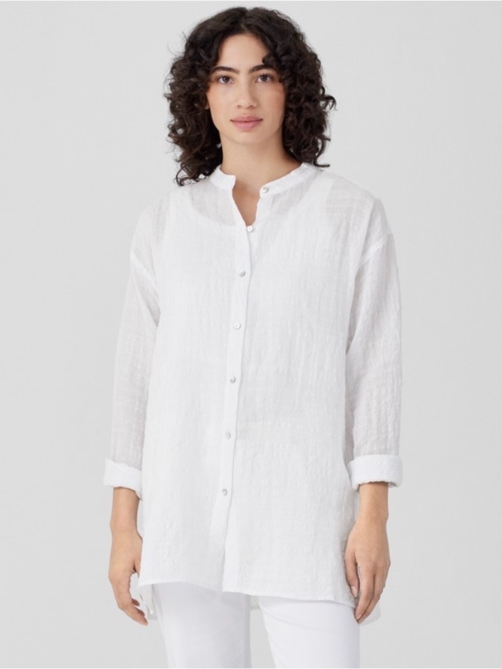 Eileen Fisher Cream-Linen Mandarin Collar Button-Down Shirt